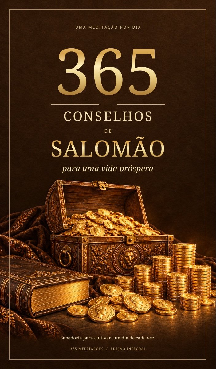 Capa dourada de 365 Conselhos de Salomão para uma Vida Próspera, com livro e moedas de ouro